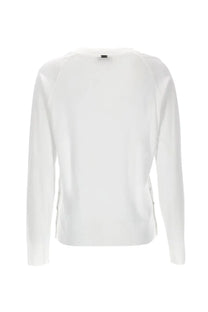 Herno women’s white long-sleeved knit sweater with subtle side zippers and small black brand tag at neckline