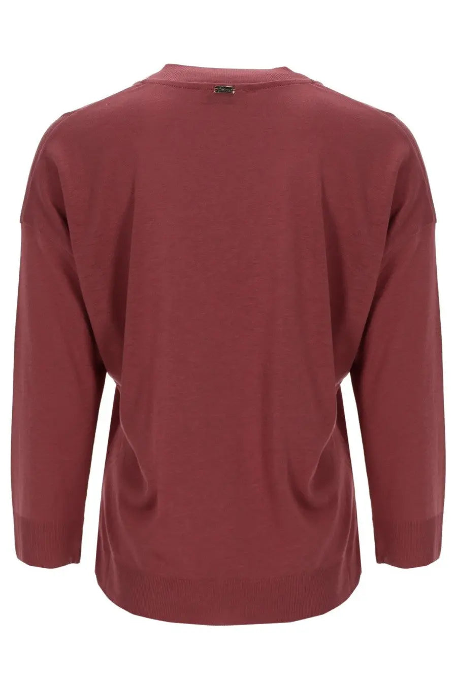 Herno women’s maglia soft maroon long-sleeved top in lightweight glam knit effect fabric with subtle side slits