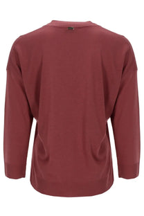 Herno women’s maglia soft maroon long-sleeved top in lightweight glam knit effect fabric with subtle side slits