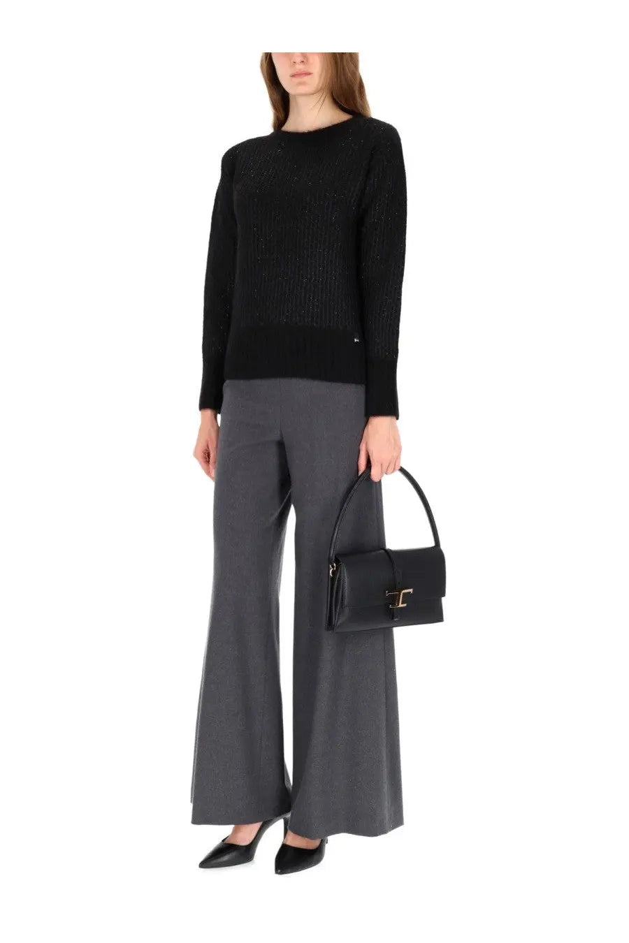 Black leather handbag with gold-tone t-shaped clasp from herno women’s metallic effect sequin jersey black collection