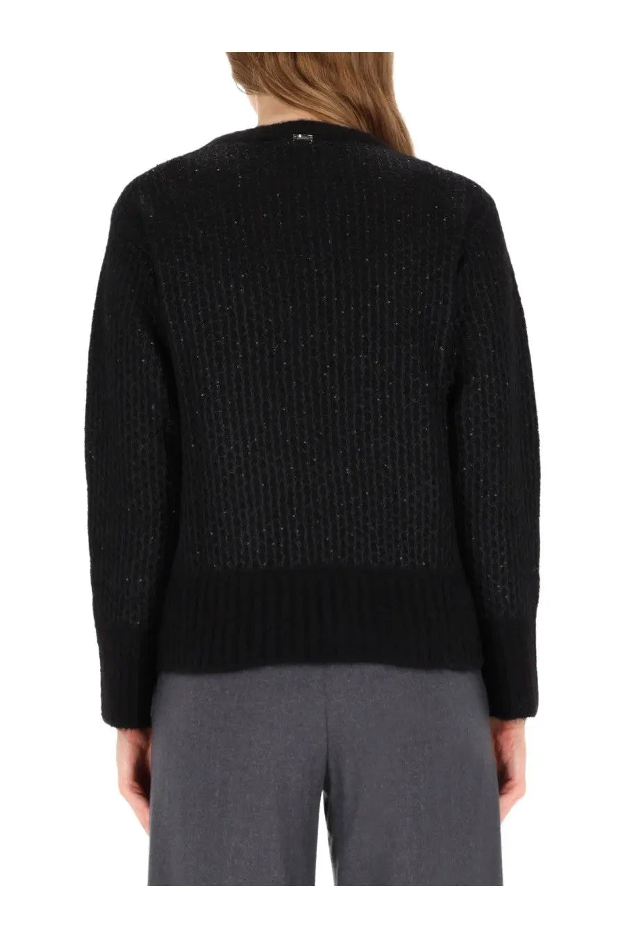 Herno women’s black ribbed knit sweater with subtle metallic shimmering effect in sequin jersey fabric