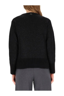 Herno women’s black ribbed knit sweater with subtle metallic shimmering effect in sequin jersey fabric