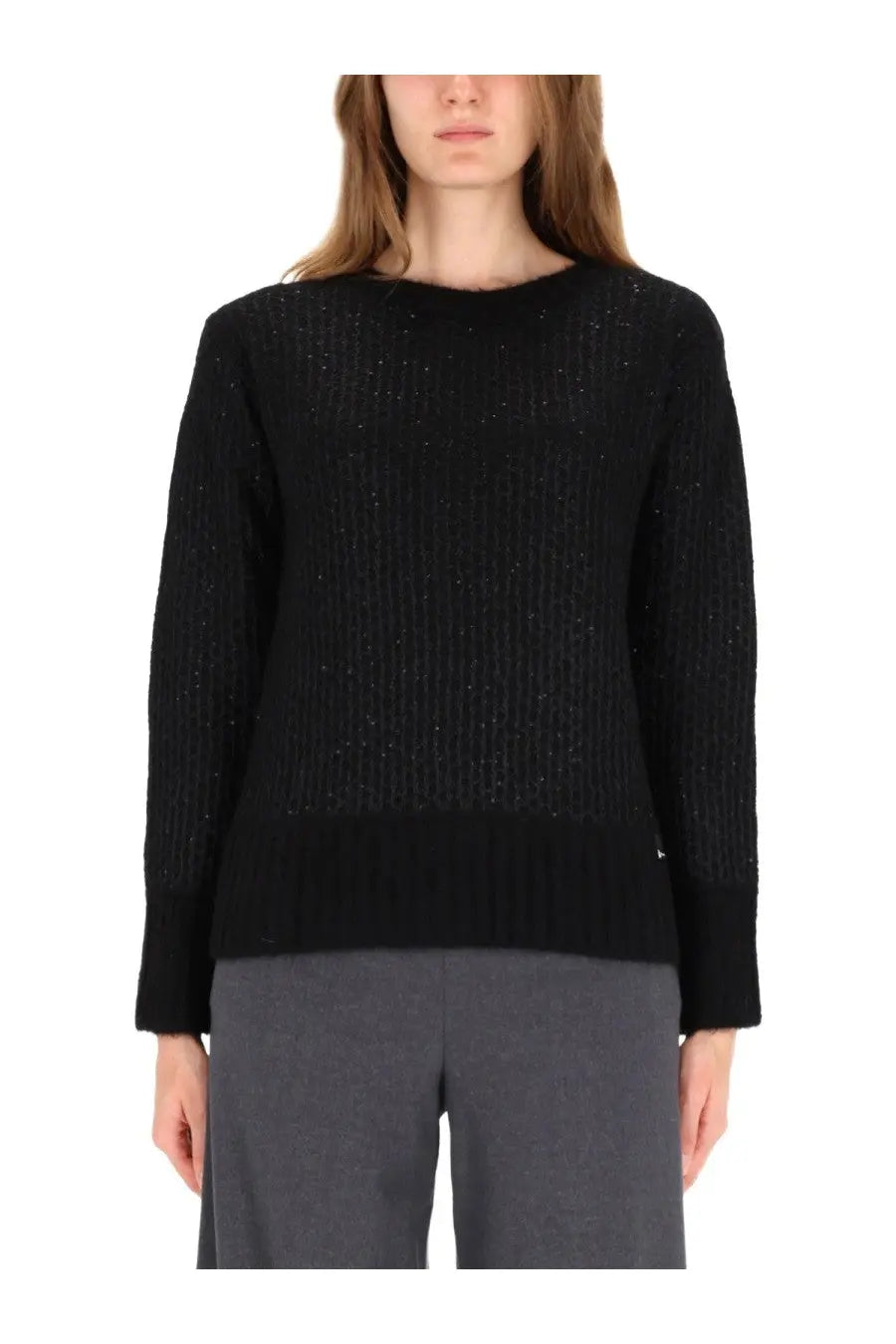 Herno women’s black ribbed knit sweater with metallic effect subtle shimmering texture in sequin jersey fabric