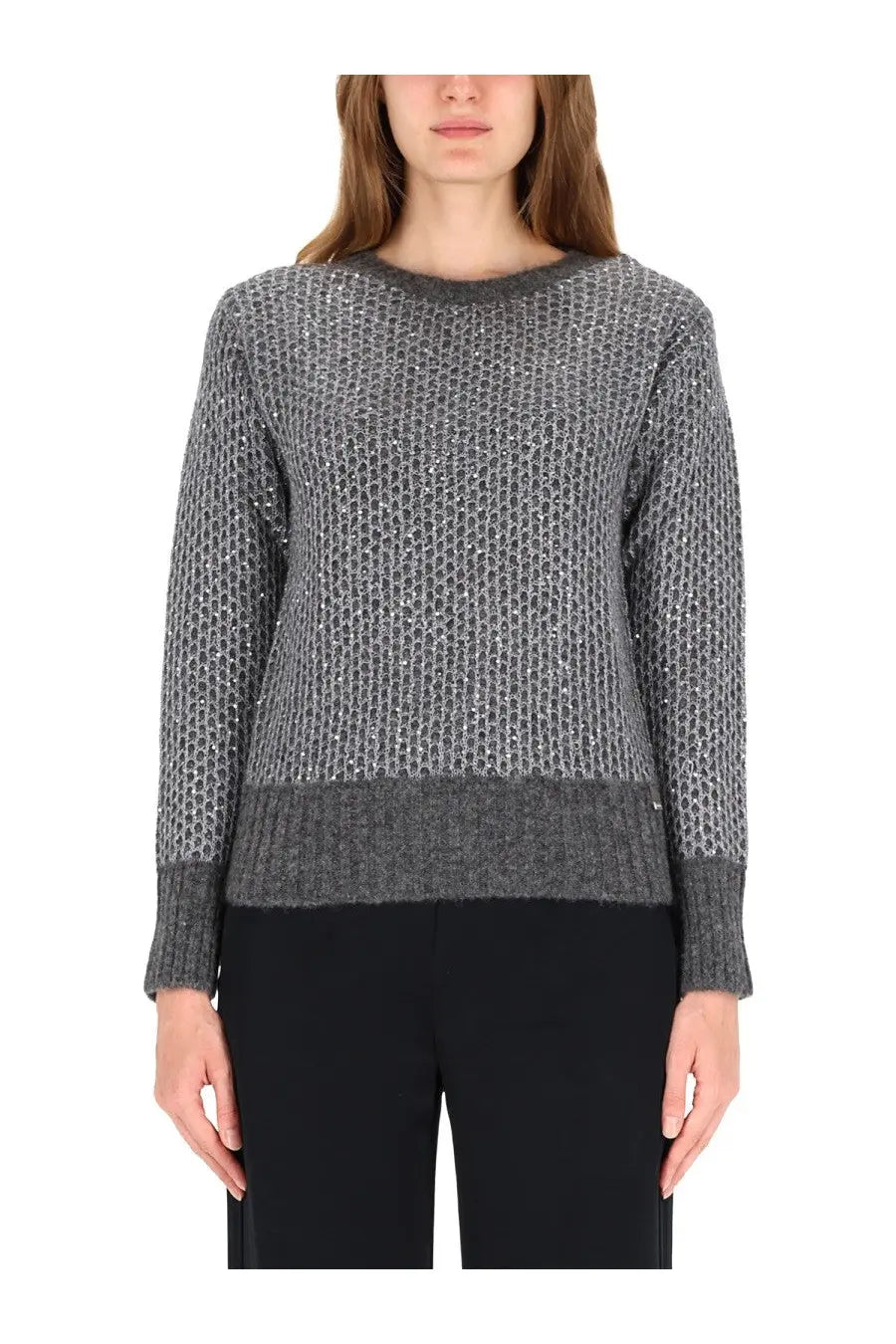 Herno women’s metallic effect sequin jersey grey knit sweater with subtle shimmer and ribbed cuffs