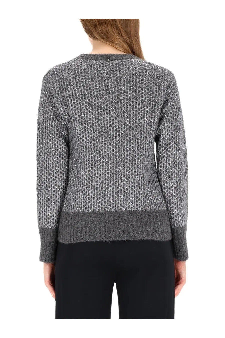 A textured gray knit sweater with subtle shimmering pattern and ribbed cuffs from herno women’s metallic effect jersey