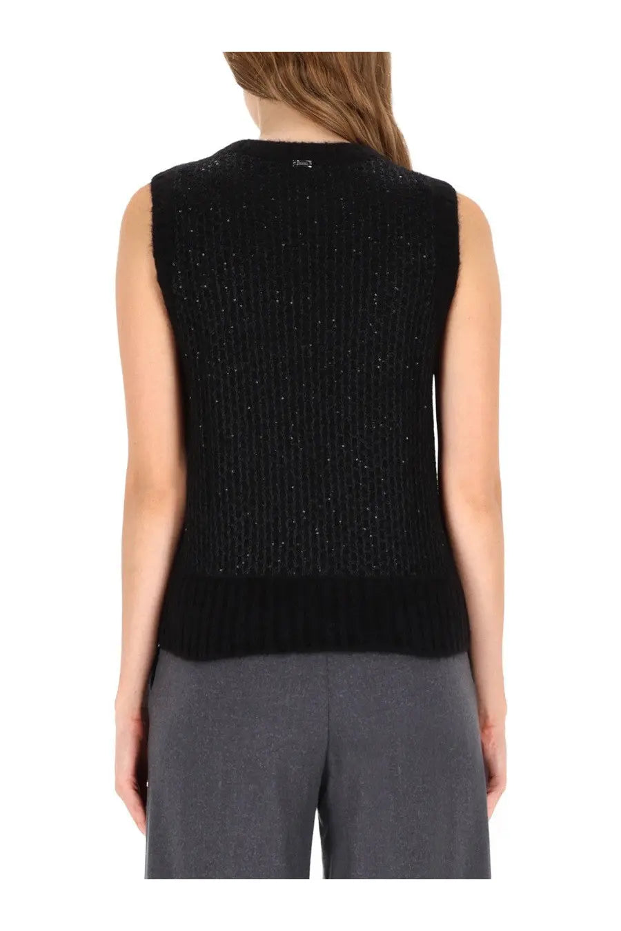 Herno women’s black ribbed knit sleeveless vest with metallic effect sequined shimmering texture