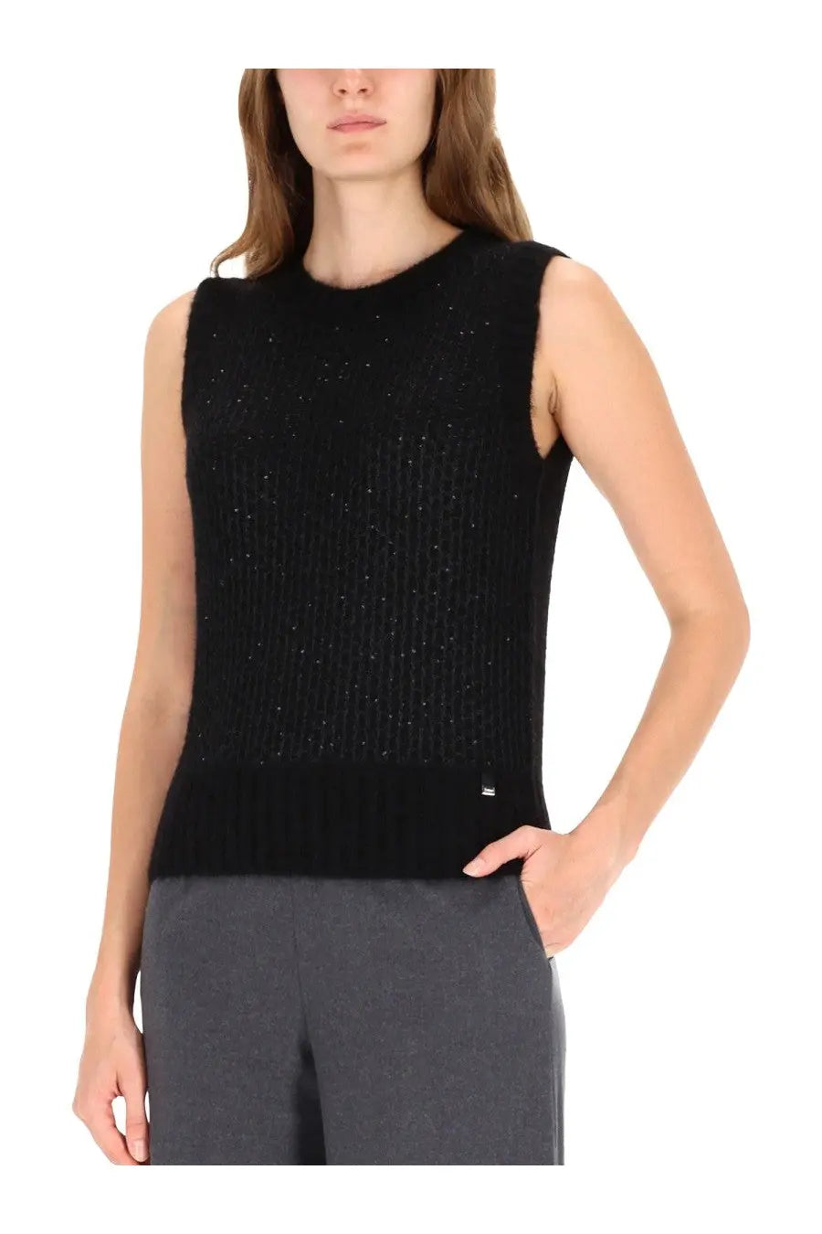 Herno womens black sleeveless knit top with metallic effect sequins and ribbed texture