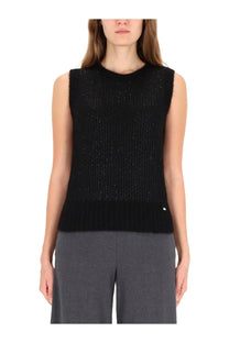Herno women’s black sleeveless knit top with ribbed texture and subtle metallic sequined shimmer effect vest