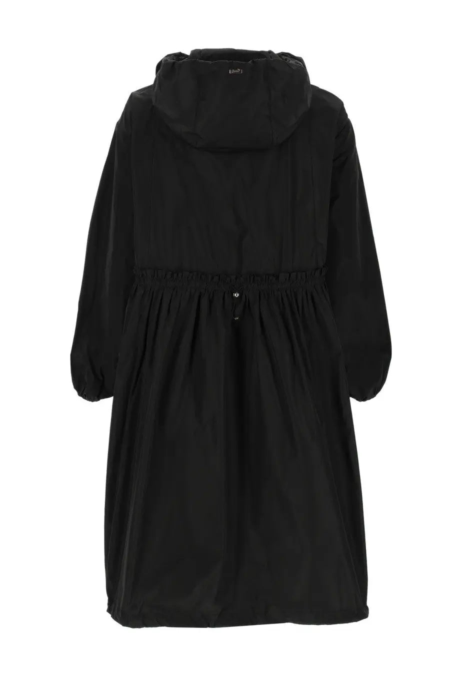 Herno women’s new techno long parka black with hooded coat featuring a cinched waist and long sleeves