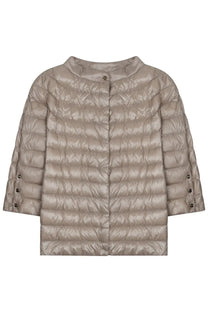 Herno women’s padded jacket beige metallic taupe quilted puffer with rounded collar and button cuff details