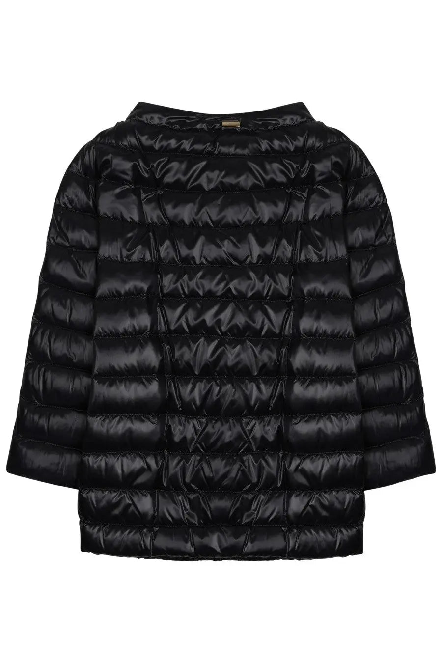Herno women’s black quilted puffer jacket with glossy finish and horizontal stitching front view