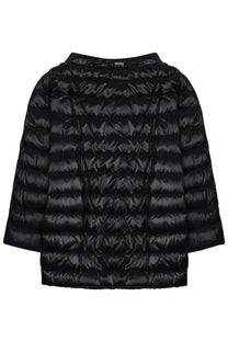 Herno women’s black quilted puffer jacket with glossy finish and horizontal stitching front view