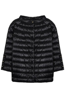 Herno women’s black quilted puffer jacket with shiny satin finish and silver-toned button cuff accents