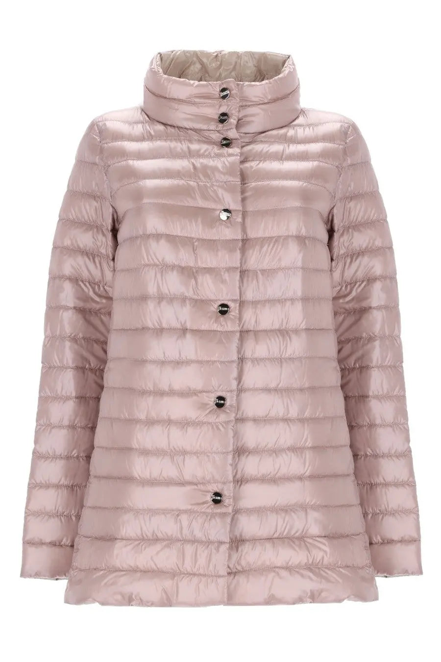 Herno women’s padded jacket in sleek quilted pink down with high collar and black buttons
