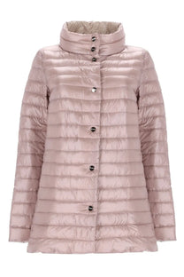 Herno women’s padded jacket in sleek quilted pink down with high collar and black buttons