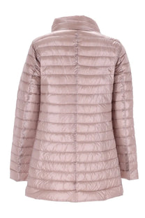 Herno women’s padded jacket in blue with a sleek rose gold quilted puffer coat high collar and horizontal stitching