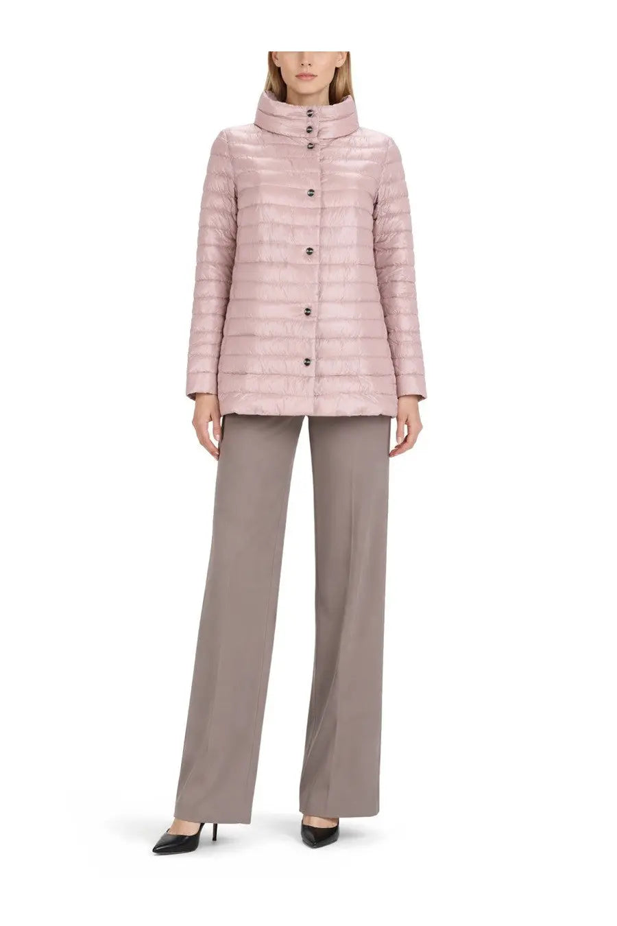 Herno women’s padded jacket blue soft pink quilted puffer with high collar and dark buttons front view