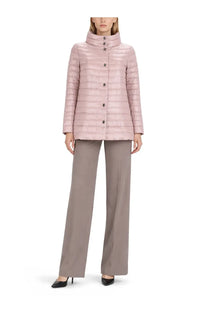 Herno women’s padded jacket blue soft pink quilted puffer with high collar and dark buttons front view