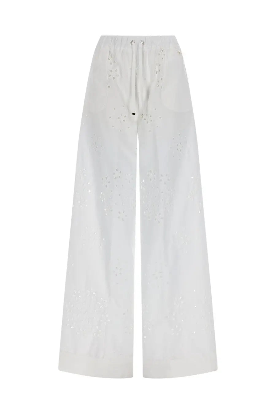 White wide-leg trousers with drawstring waist and delicate eyelet detailing by herno women’s pantalon traforato con ricamo sangallo