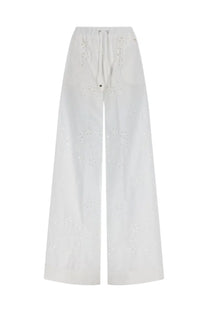 White wide-leg trousers with drawstring waist and delicate eyelet detailing by herno women’s pantalon traforato con ricamo sangallo