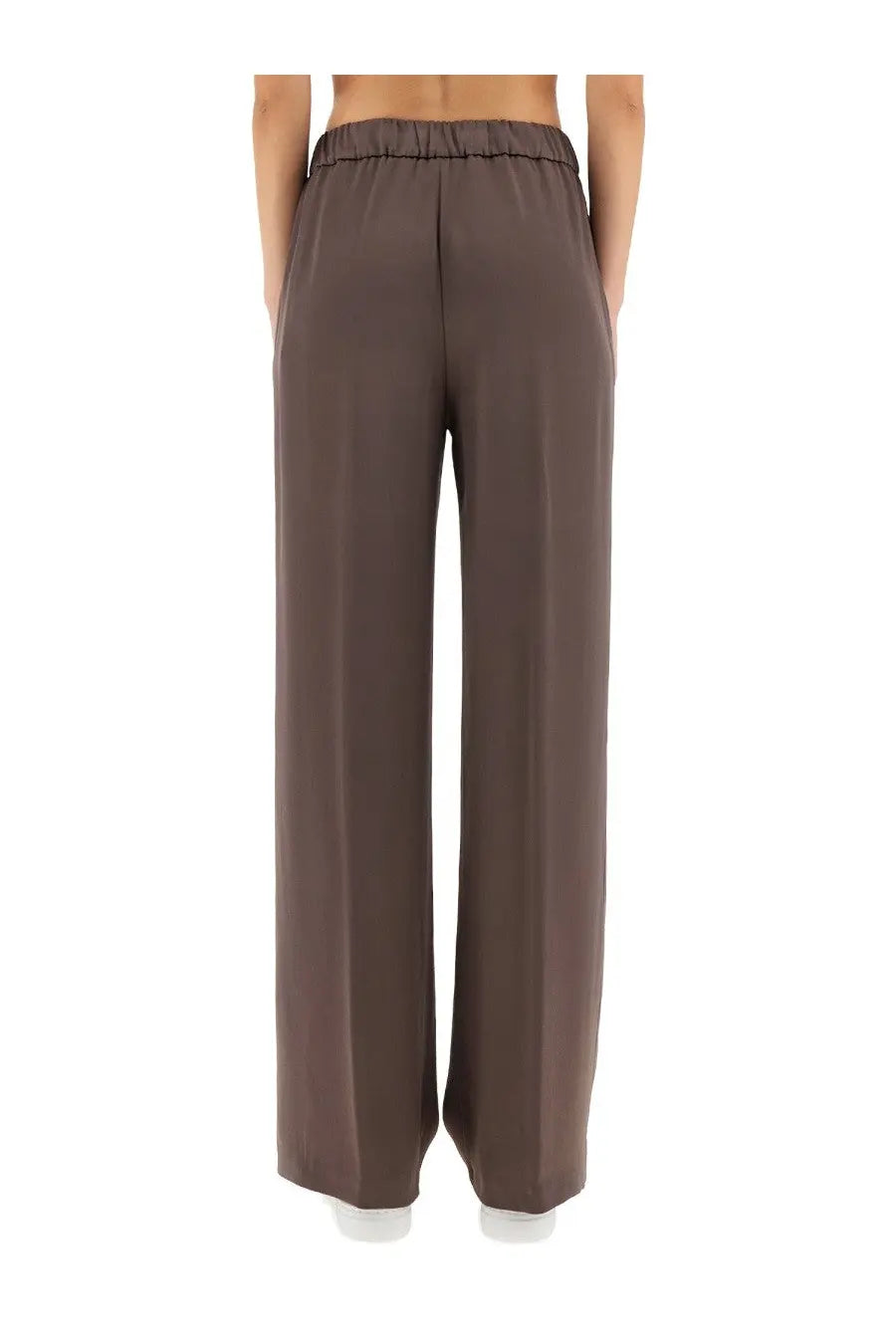 Herno women’s brown satin wide-leg trousers with elastic waistband ideal for resort wear