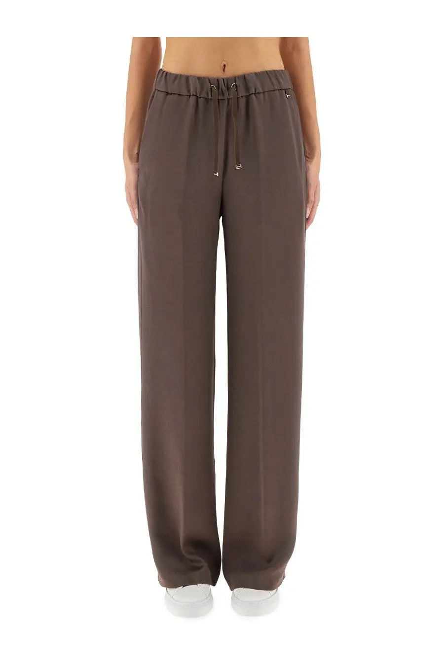 Herno women’s resort brown pants in brown satin with wide legs drawstring waistband and subtle metallic logo accents