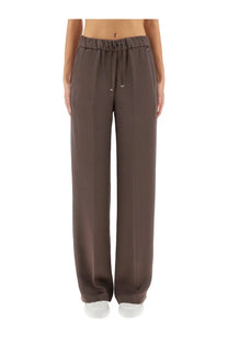 Herno women’s resort brown pants in brown satin with wide legs drawstring waistband and subtle metallic logo accents