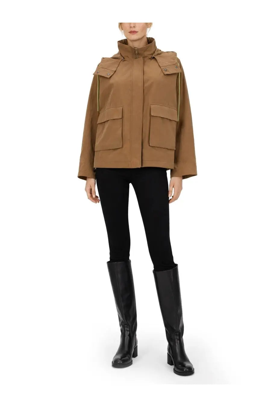 Herno women’s parka corto con cappuccio beige tan hooded jacket with flap pockets and zipper detailing