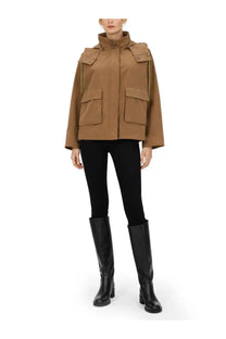 Herno women’s parka corto con cappuccio beige tan hooded jacket with flap pockets and zipper detailing