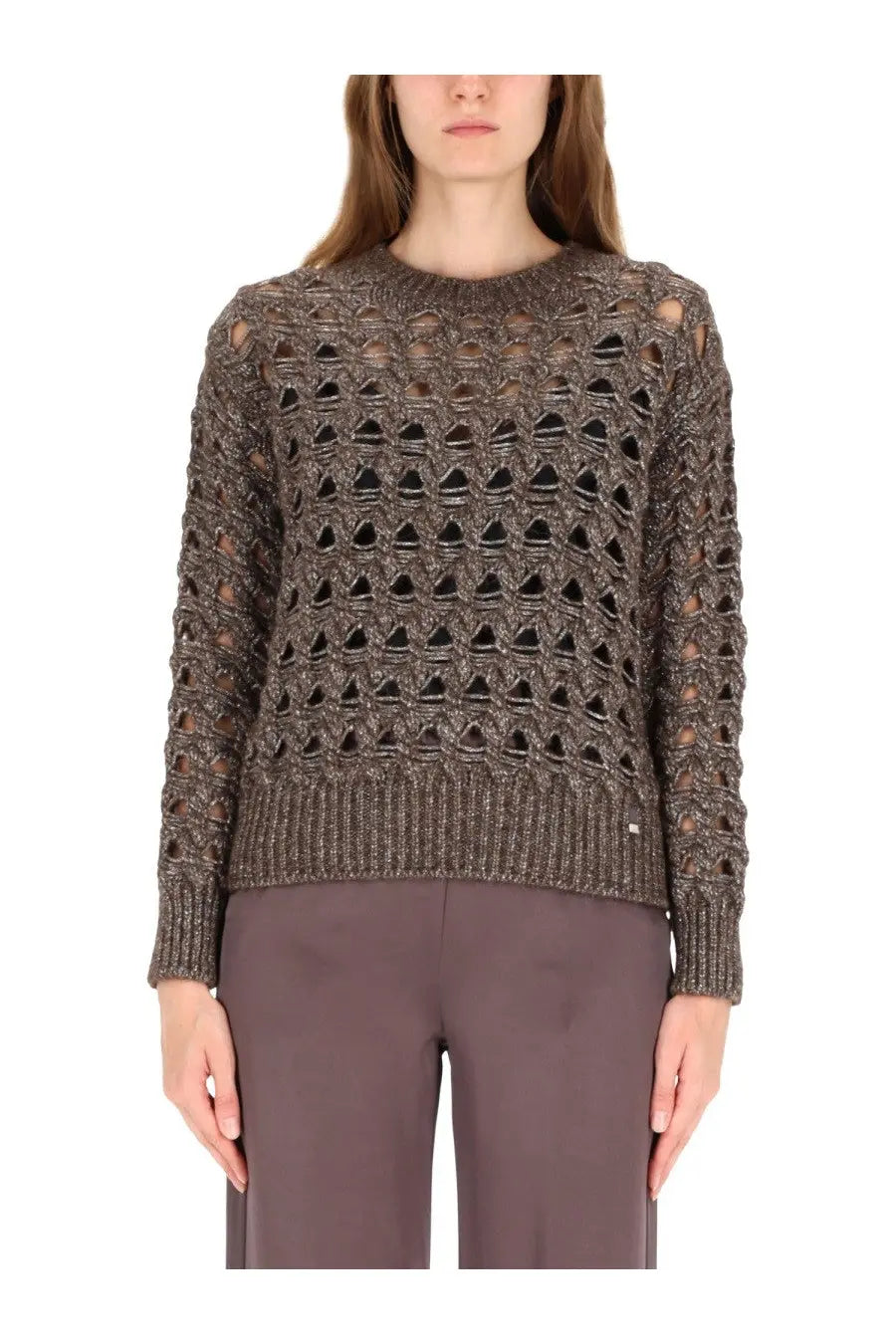 Herno women’s perforated mesh brown knit sweater with geometric cut-out pattern and ribbed cuffs