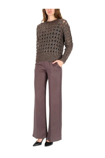 Herno women’s perforated mesh dark brown knit sweater with geometric openwork pattern and ribbed cuffs