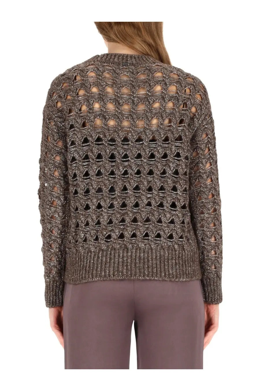 Herno women’s perforated mesh brown textured metallic bronze knit sweater with openwork triangle and circle pattern on back