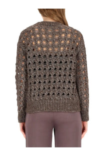 Herno women’s perforated mesh brown textured metallic bronze knit sweater with openwork triangle and circle pattern on back