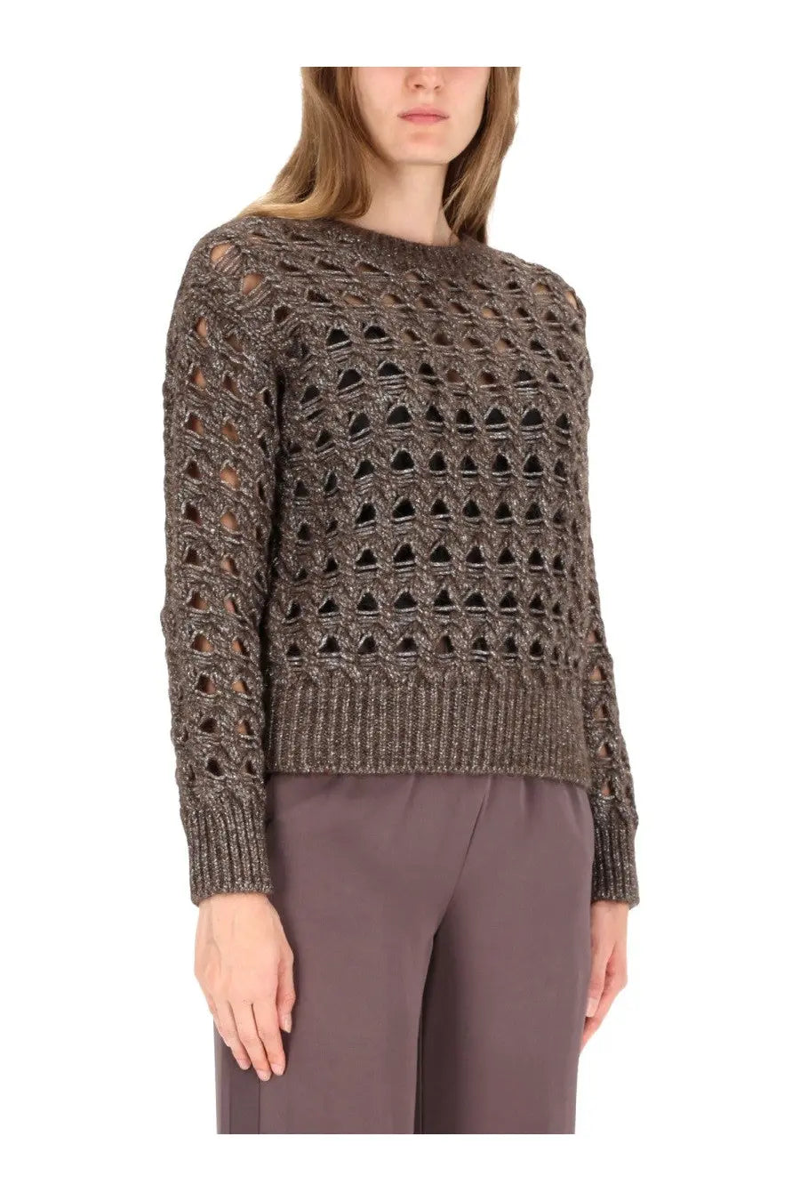 Herno women’s perforated mesh brown textured metallic knit sweater with geometric openwork pattern and ribbed cuffs