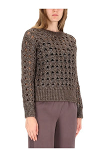 Herno women’s perforated mesh brown textured metallic knit sweater with geometric openwork pattern and ribbed cuffs