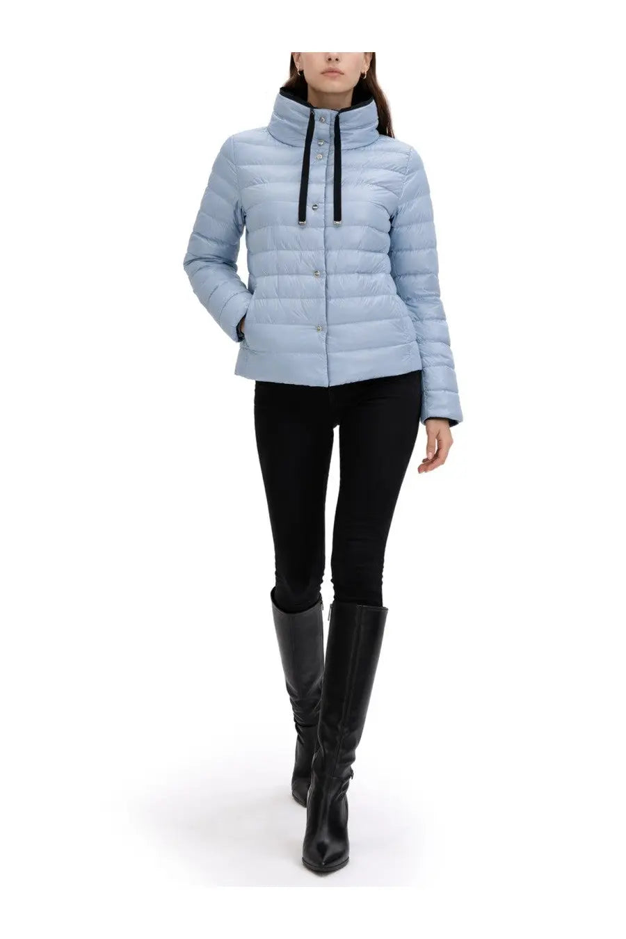 Light blue quilted puffer jacket with black zipper and trim in herno women’s piumino reversibile con collo alto blue
