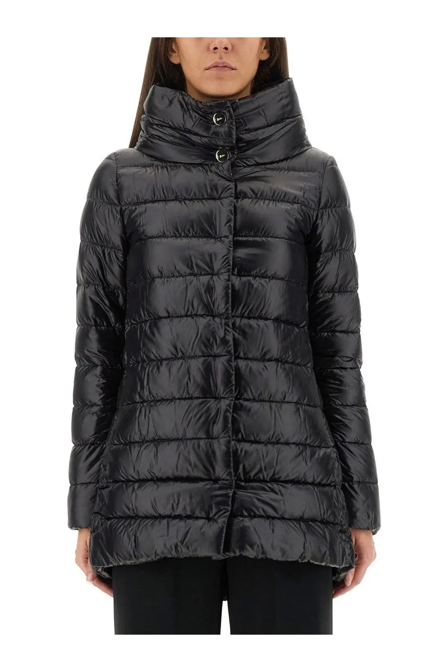 Herno women’s piumino shape amelia black quilted down jacket with high collar and two silver buttons
