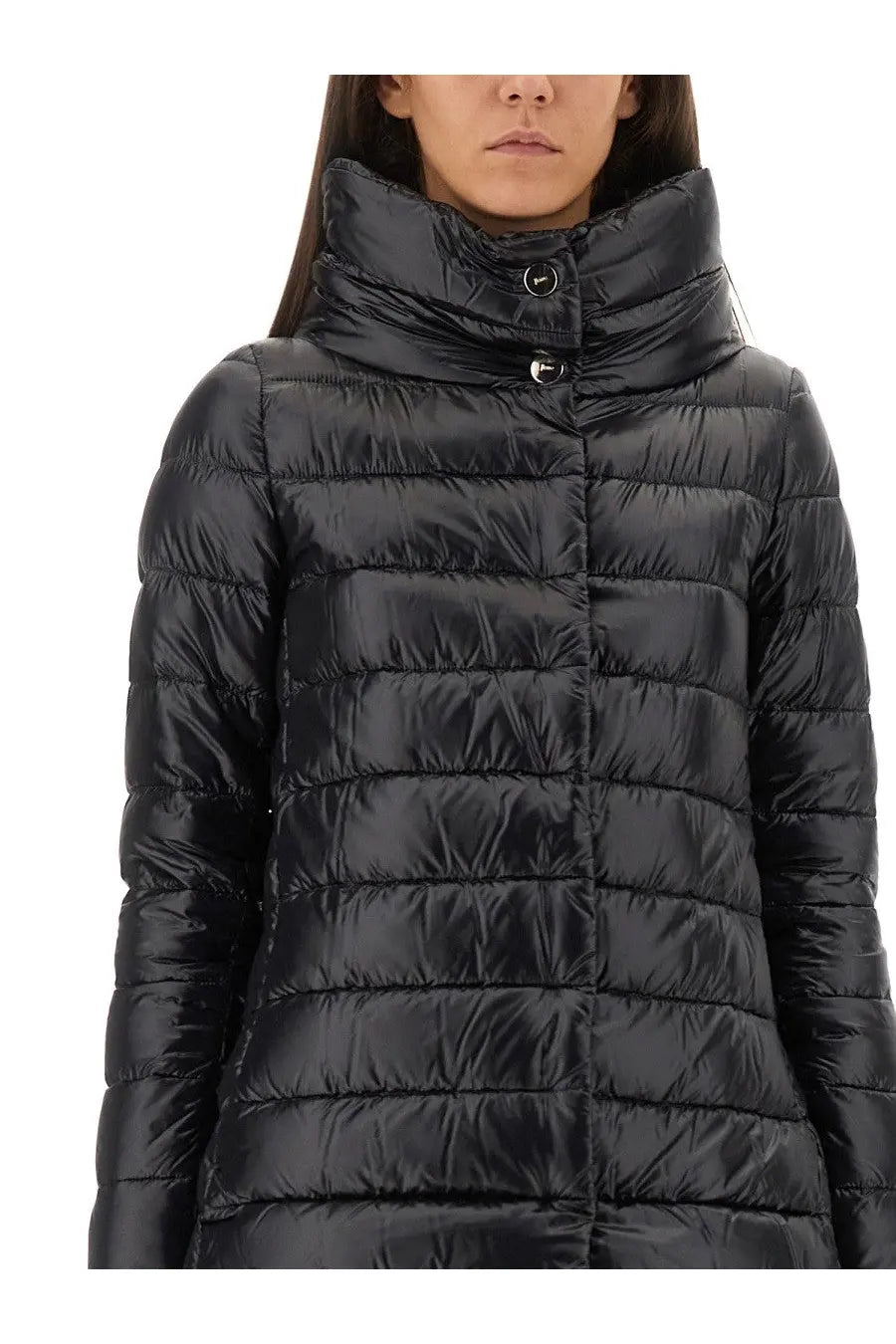 Herno women’s piumino shape amelia black quilted down jacket with high collar and silver toned buttons