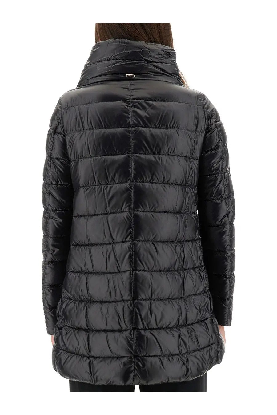 Herno women’s piumino shape amelia black quilted puffer coat with high collar and sleek glossy finish
