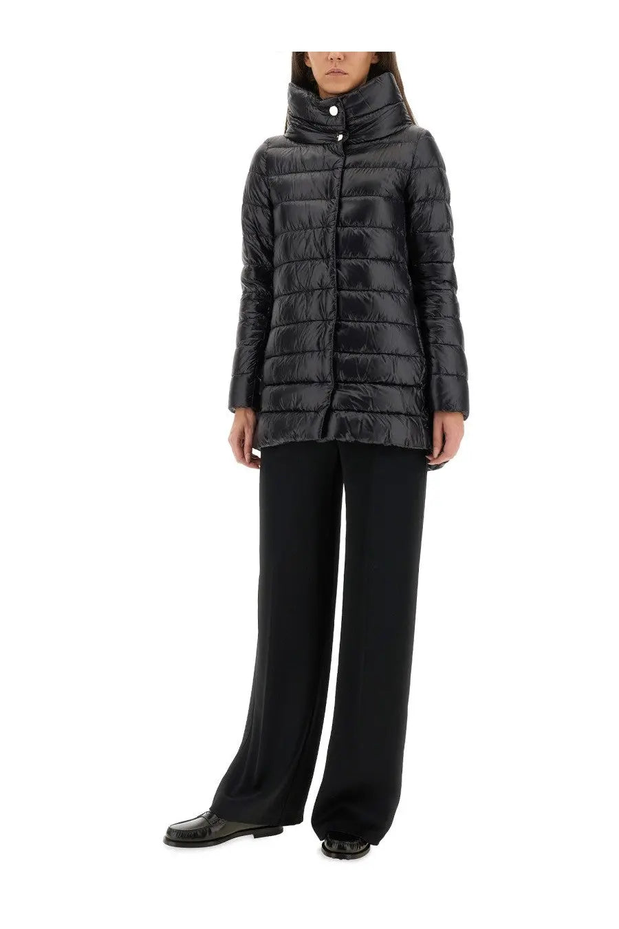 Herno women’s piumino shape amelia black quilted puffer jacket with high collar and button closure