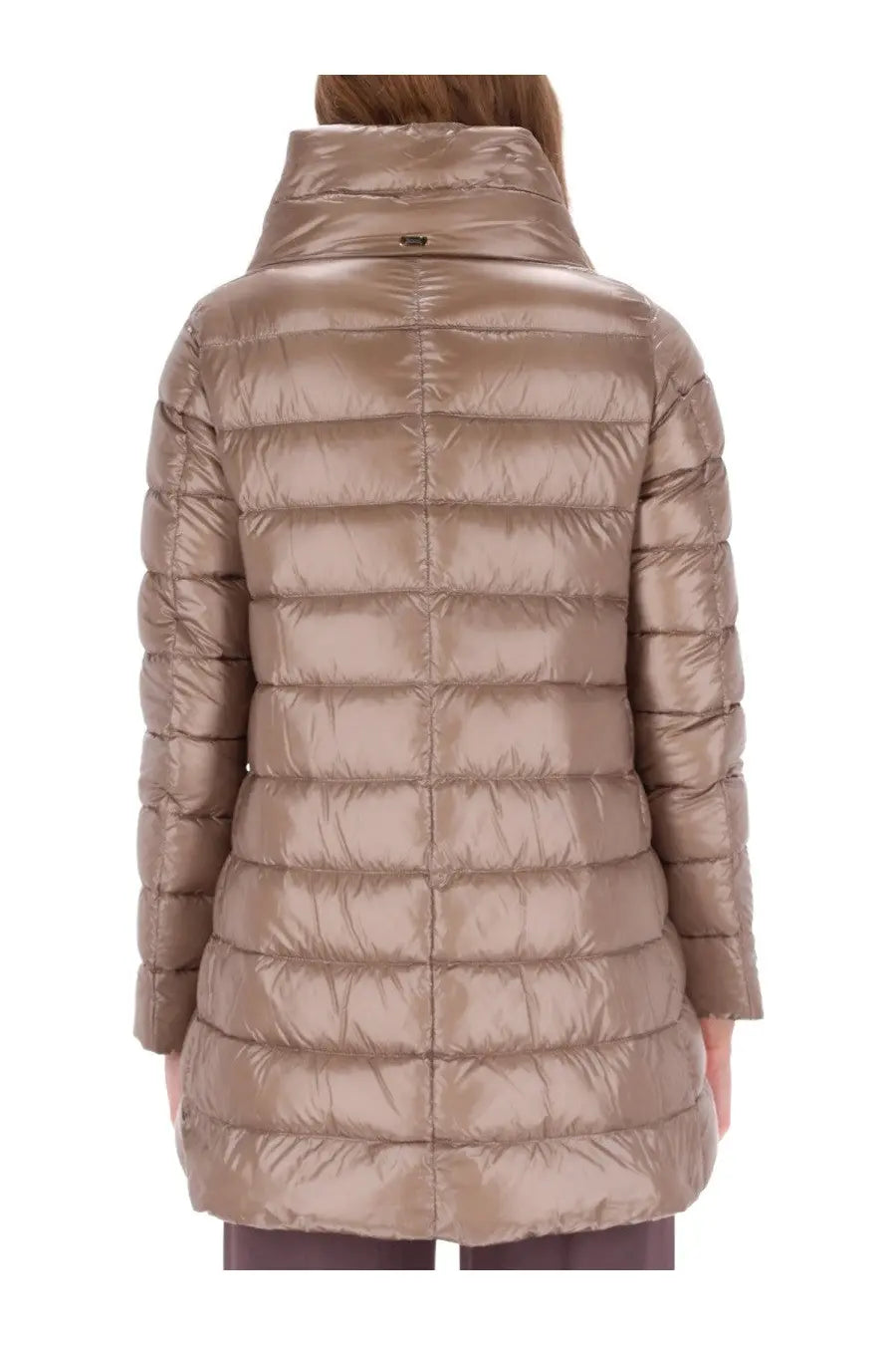 Herno women’s piumino shape amelia white sleek metallic taupe puffer coat with high collar and quilted design