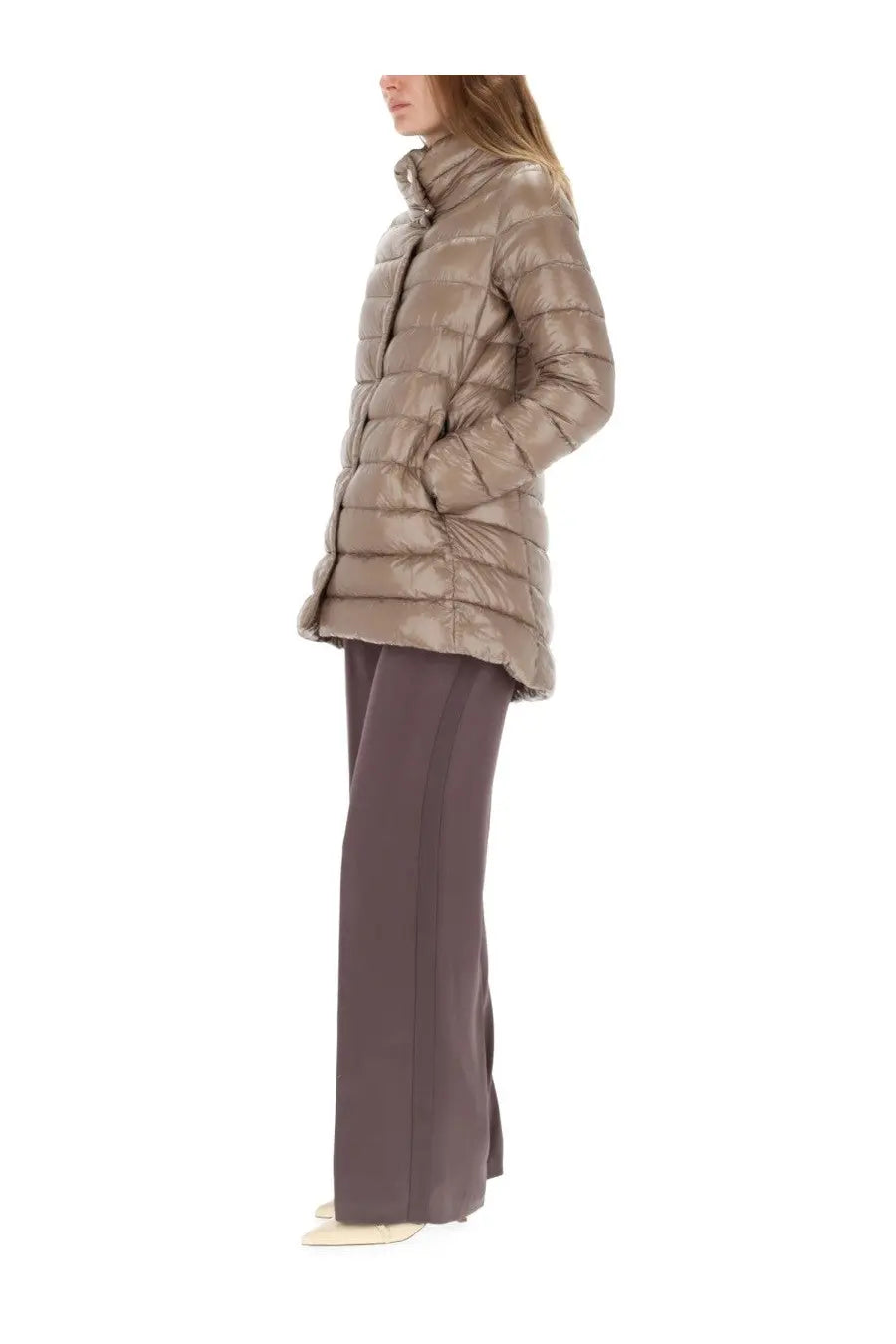 Herno women’s piumino shape amelia white sleek metallic taupe quilted puffer jacket with high collar and pockets
