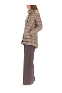 Herno women’s piumino shape amelia white sleek metallic taupe quilted puffer jacket with high collar and pockets