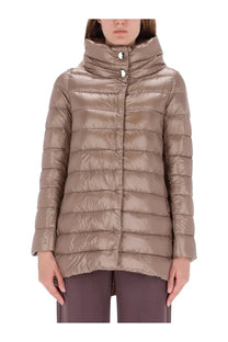 Herno women’s piumino shape Amelia white sleek metallic taupe quilted down jacket with high collar and silver buttons
