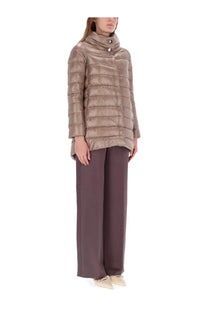 Herno women’s piumino shape amelia white sleek metallic taupe quilted puffer jacket with high collar and button detail