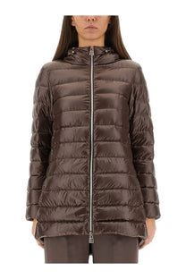 Herno women’s piumino shape resort brown quilted puffer jacket with hood and silver zipper