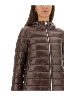 Herno women’s piumino shape resort brown quilted puffer jacket with hood and silver zipper front view