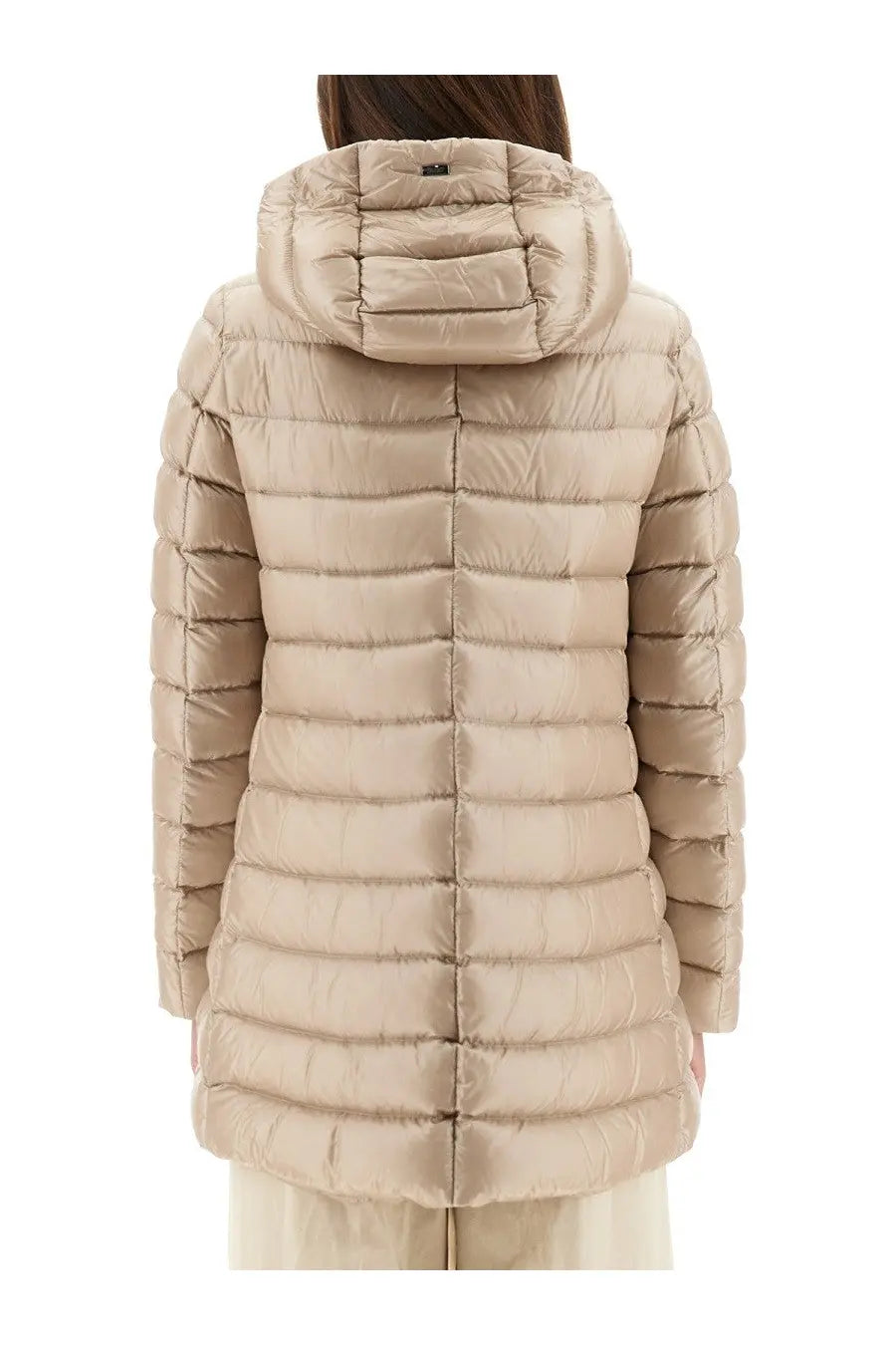 Beige quilted down coat with hood by herno womens piumino shape resort white for winter wear