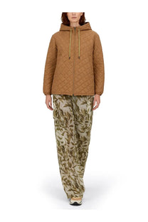A tan quilted hooded jacket with diamond pattern and matching drawstrings from herno womens collection