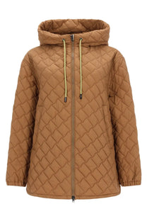Herno women’s quilted jacket brown tan with diamond stitching and light green drawstrings hooded design